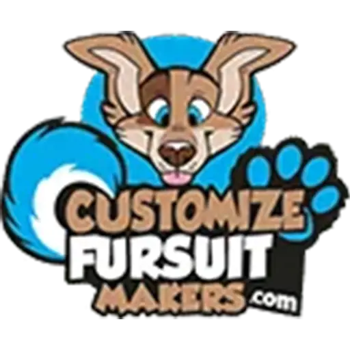 Logo for Customize Fursuit Makers.com featuring a cartoon animal head with blue eyes, a blue tail and paw print, and bold playful text in tan, white, and black.