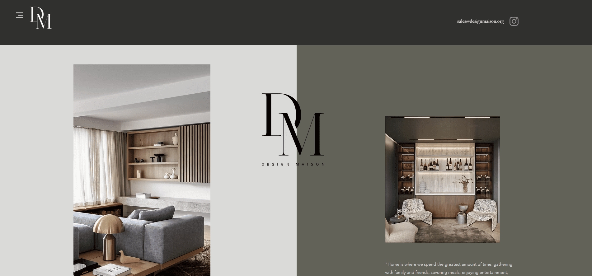 Homepage screenshot for Design Maison featuring a modern living room on the left, brand logo “DM” in the center, and a cozy lounge with contact info and a quote on the right—showcasing interior design aesthetics.
