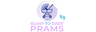 Logo for Bump to Baby Prams featuring a stylized blue and purple baby stroller with a heart, enclosed in a circular design, and brand name text below in bold and soft fonts.