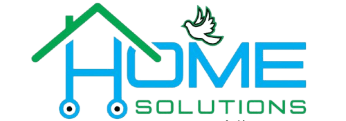 Logo for Home Solutions featuring stylized “HOME” with a green roof design, tech-inspired elements, a flying bird above, and “SOLUTIONS” in green capital letters below.