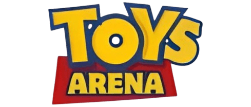 Logo for Toys Arena with bold yellow “TOYS” outlined in blue and “ARENA” in smaller yellow text on a red background, designed with a playful, kid-friendly style.