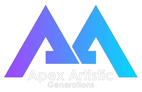 Logo for Apex Artistic Generations featuring overlapping gradient “A” shapes in purple and blue, with modern text below representing a creative brand identity.