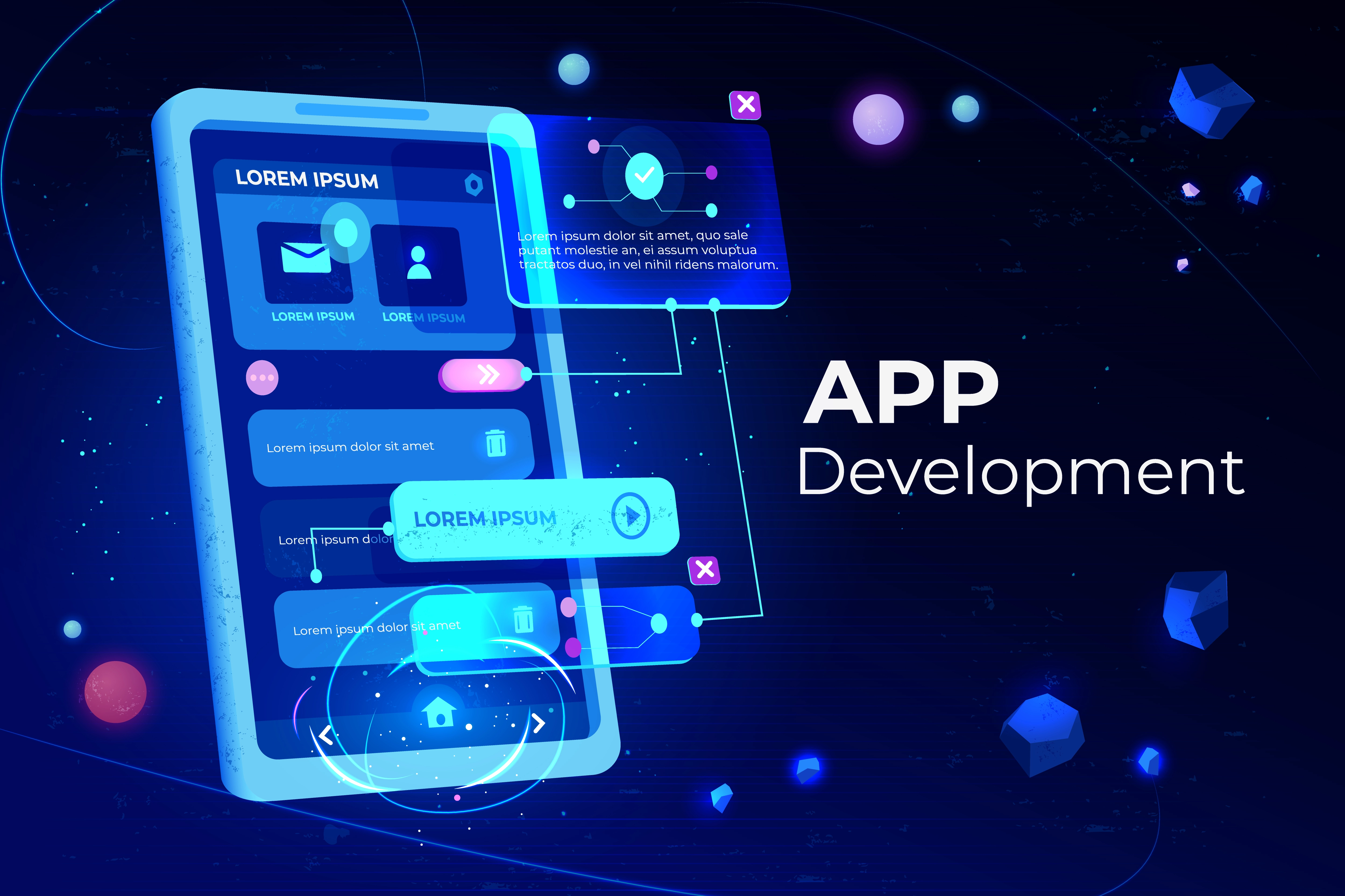 Futuristic illustration of a smartphone interface with glowing UI elements and the words “App Development,” representing mobile app development.