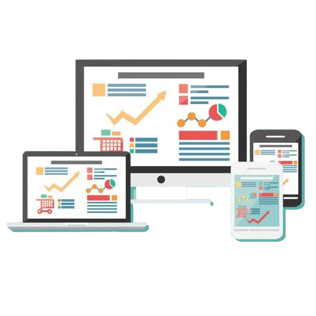 Digital devices desktop, laptop, tablet, and smartphone display colorful charts and graphs, illustrating cross-platform data visualization and analytics for a mobile app development service