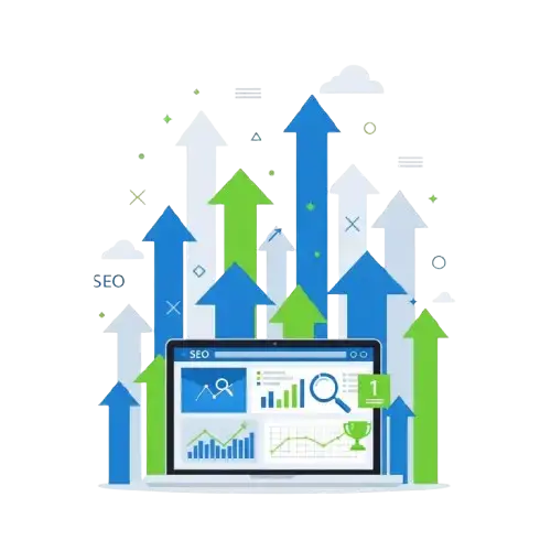 Computer screen displaying SEO analytics with upward arrows and icons like magnifying glasses and charts, symbolizing growth and optimization in digital marketing.