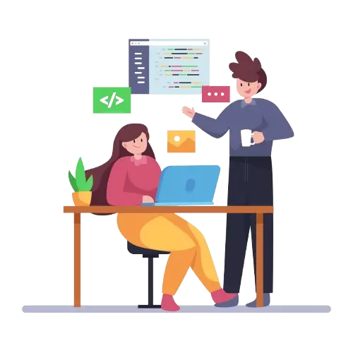 Cartoon-style illustration of two coworkers in a modern office—one seated at a laptop coding, the other standing with a coffee mug, surrounded by icons representing communication and programming.