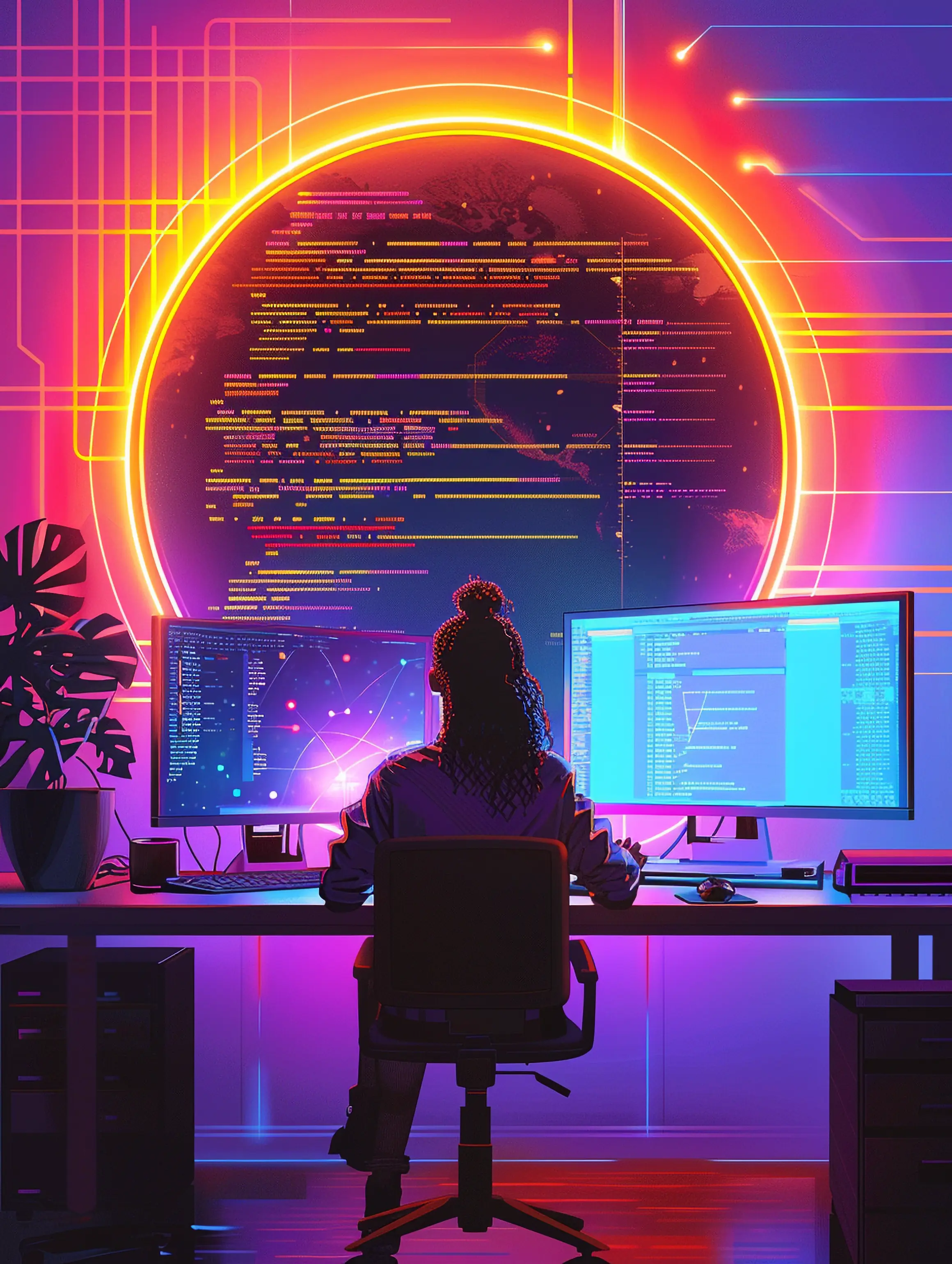 Person seated at a desk with dual monitors displaying code, set against a glowing neon circular interface, creating a futuristic coding workspace.
