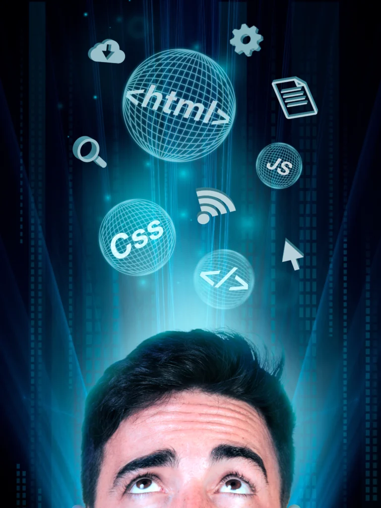 Person looking upward with floating digital icons above their head, representing web technologies like HTML, CSS, and JavaScript in a futuristic, tech-themed background.