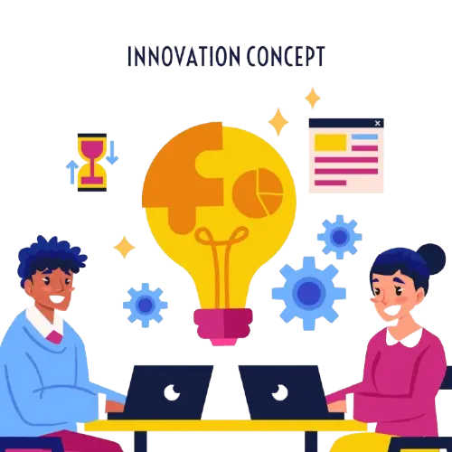 Illustration of two people working on laptops under a large light bulb labeled "Innovation Concept," surrounded by design icons—symbolizing teamwork, creativity, and graphic design service.
