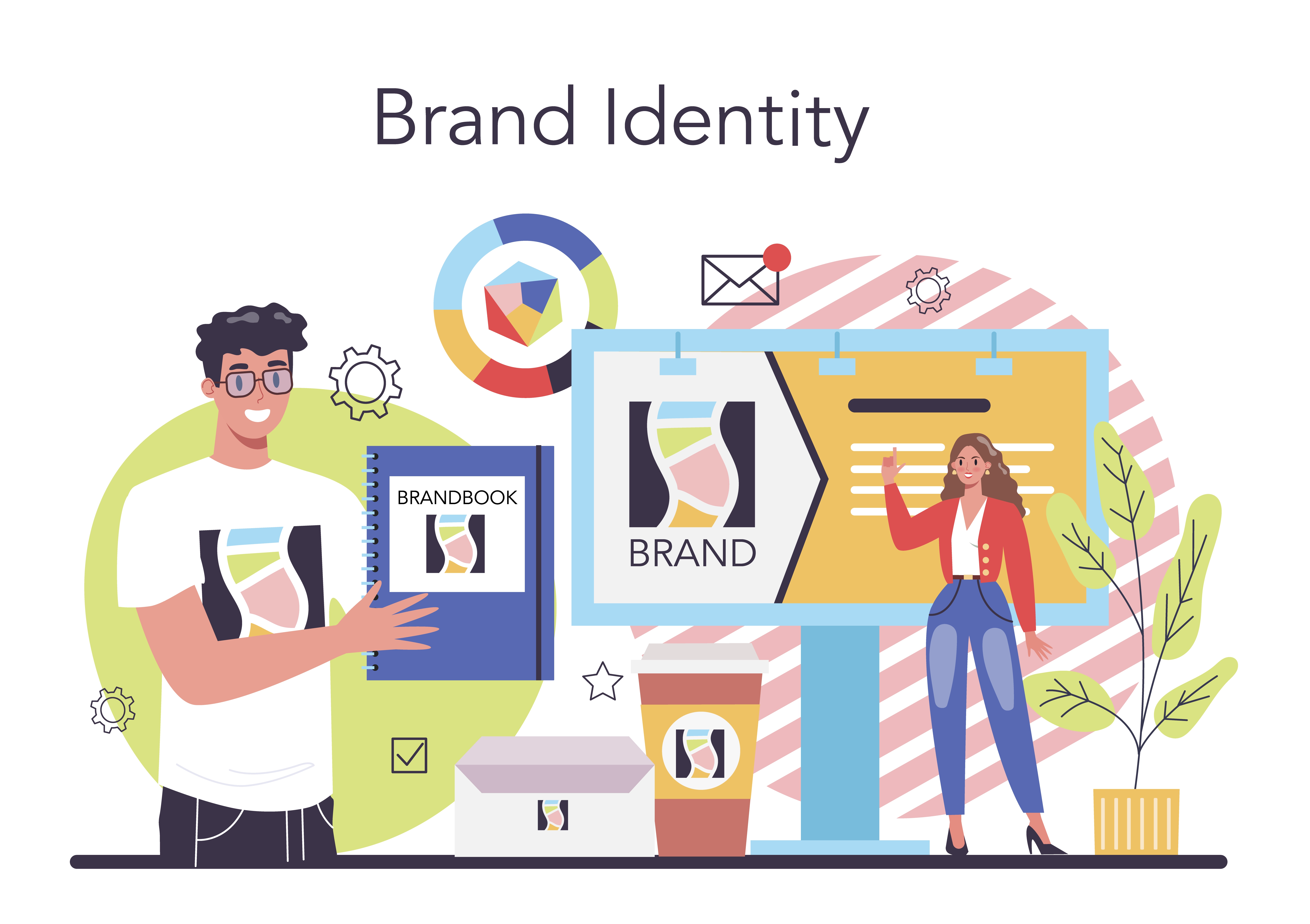 Illustration of a branding service concept featuring people presenting brand elements like logos and a brandbook, with consistent visuals across products and materials under the title "Brand Identity."