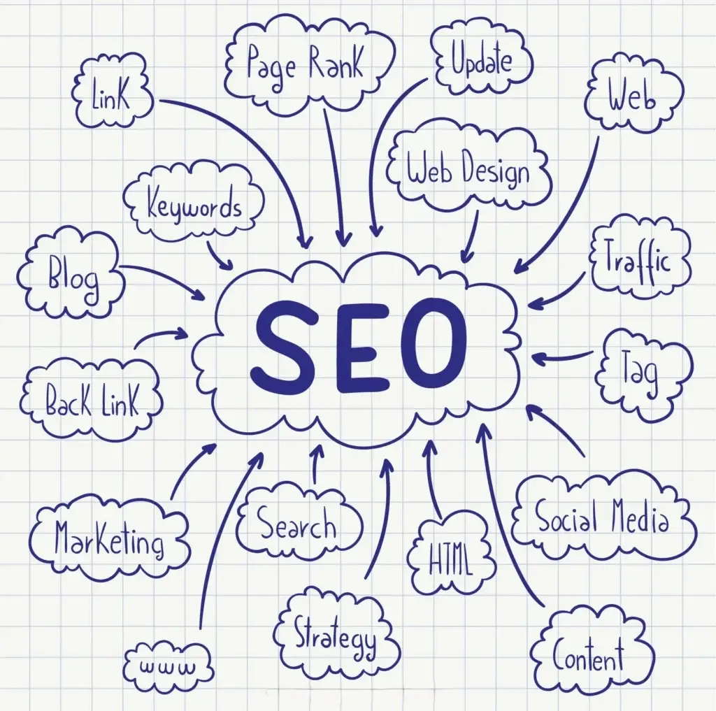 Diagram showing "SEO" at the center with arrows pointing from related terms like keywords, content, backlinks, social media, and web design.