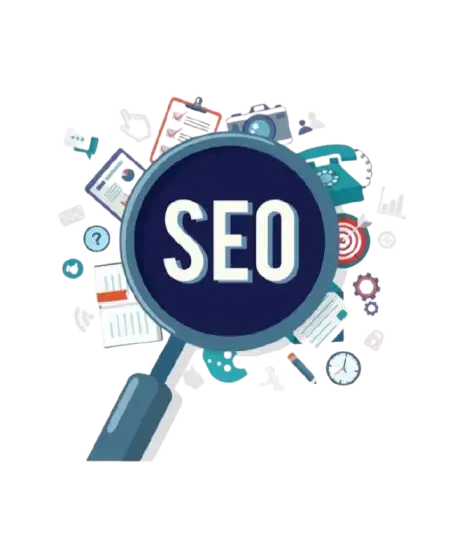 Magnifying glass highlighting "SEO" surrounded by digital marketing icons like charts, documents, and social media symbols, representing search engine optimization concepts.