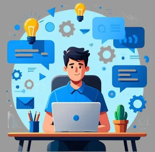 Person at desk working on laptop, surrounded by tech and communication icons like speech bubbles, gears, and light bulbs; cactus and stationery on desk.