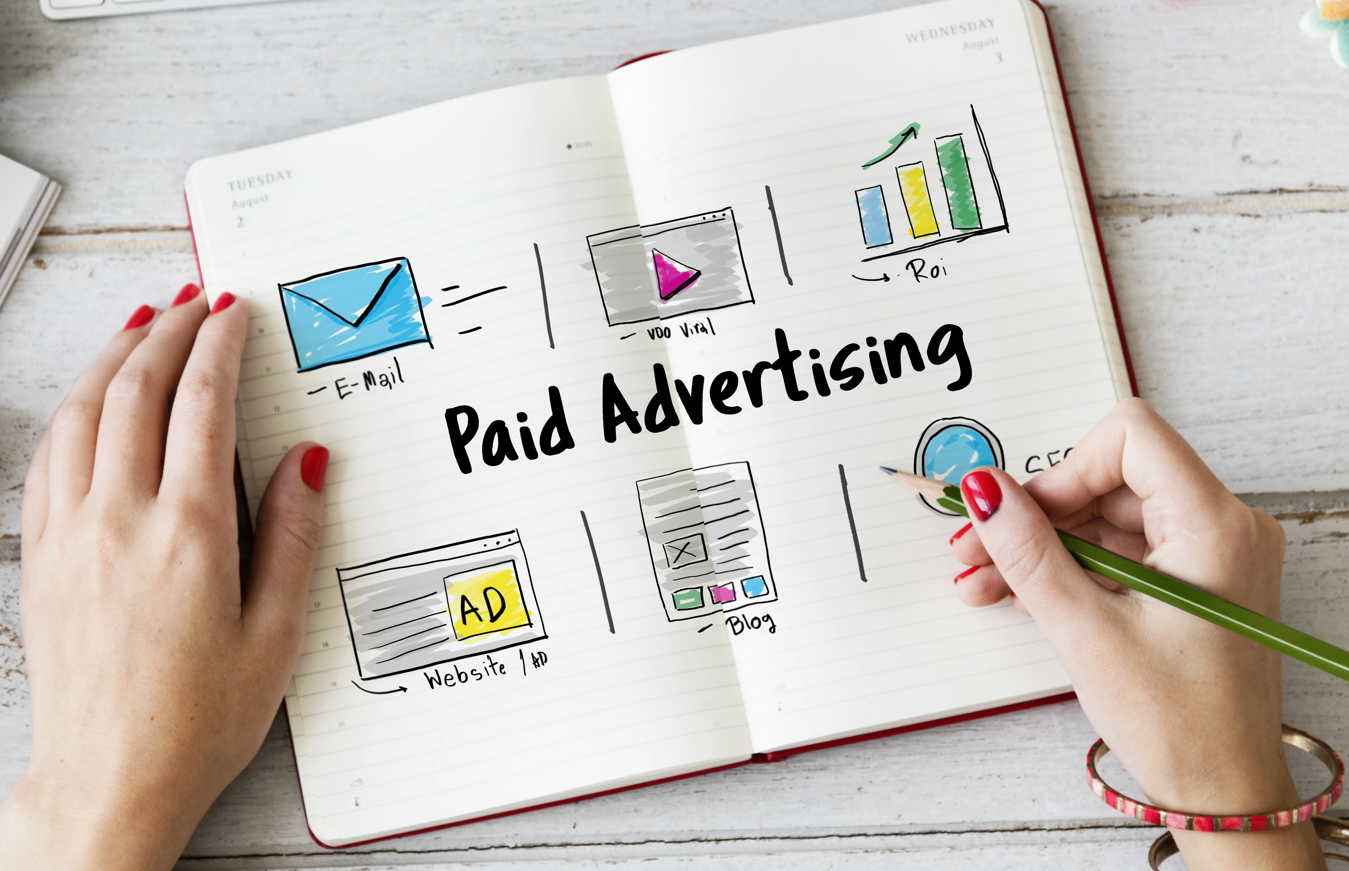 Open notebook titled "Paid Advertising" with colorful icons for email, video ads, ROI, website ads, blogs, and SEO—illustrating strategy elements used by a PPC agency.