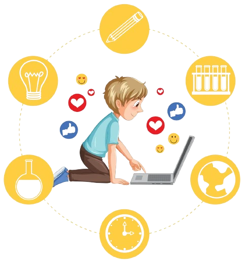 Cartoon illustration of a boy using a laptop, surrounded by icons for writing, science, and creativity—symbolizing engaging learning supported by social media marketing.