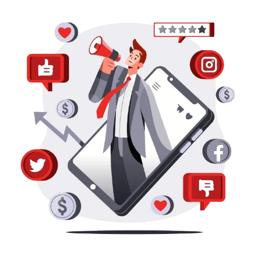 Illustration of a man in a suit holding a megaphone emerging from a smartphone, surrounded by social media icons and symbols—representing digital marketing and online promotion.