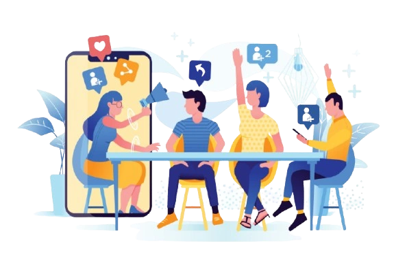 Cartoon-style illustration of four people interacting through digital devices and notifications, with one person speaking through a megaphone from a smartphone—depicting social media engagement and online communication.